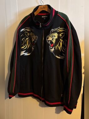 Makobi Black Lion-Embroidered Bomber Jacket with Red & Green Trim
